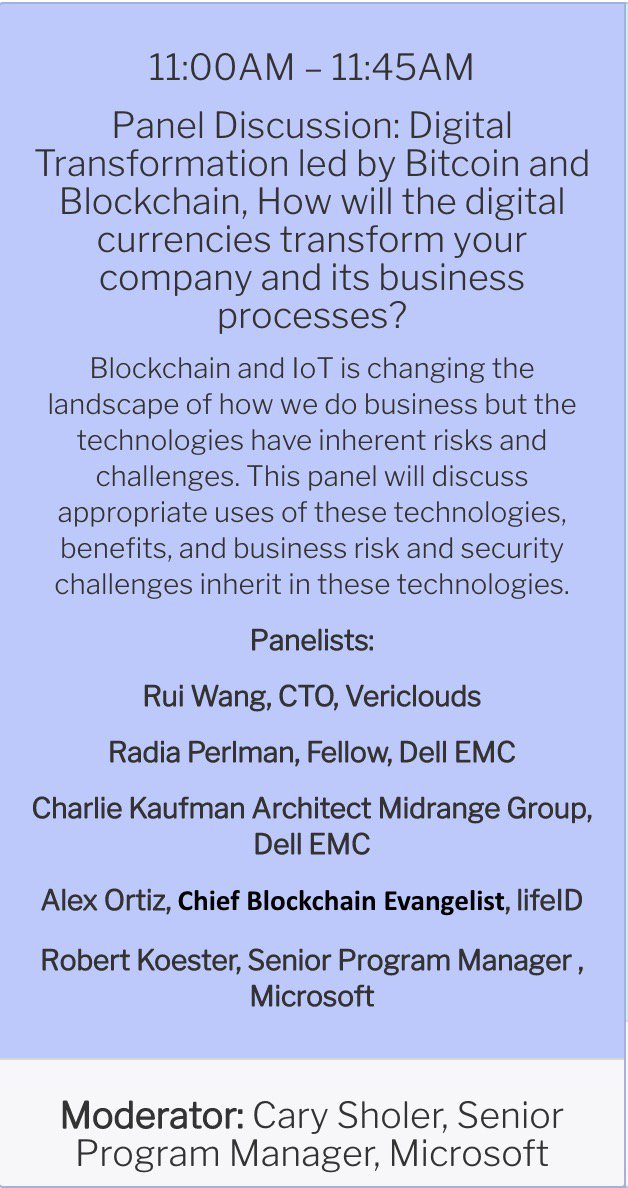 Hey!

If you're at the <a href="/cloudsa/">CloudSecurityAlliance</a> conference in Bellevue, go say hi to <a href="/alexoblockchain/">Alex O</a>! He's speaking right now!

csaseattlechapter.org/agenda.html