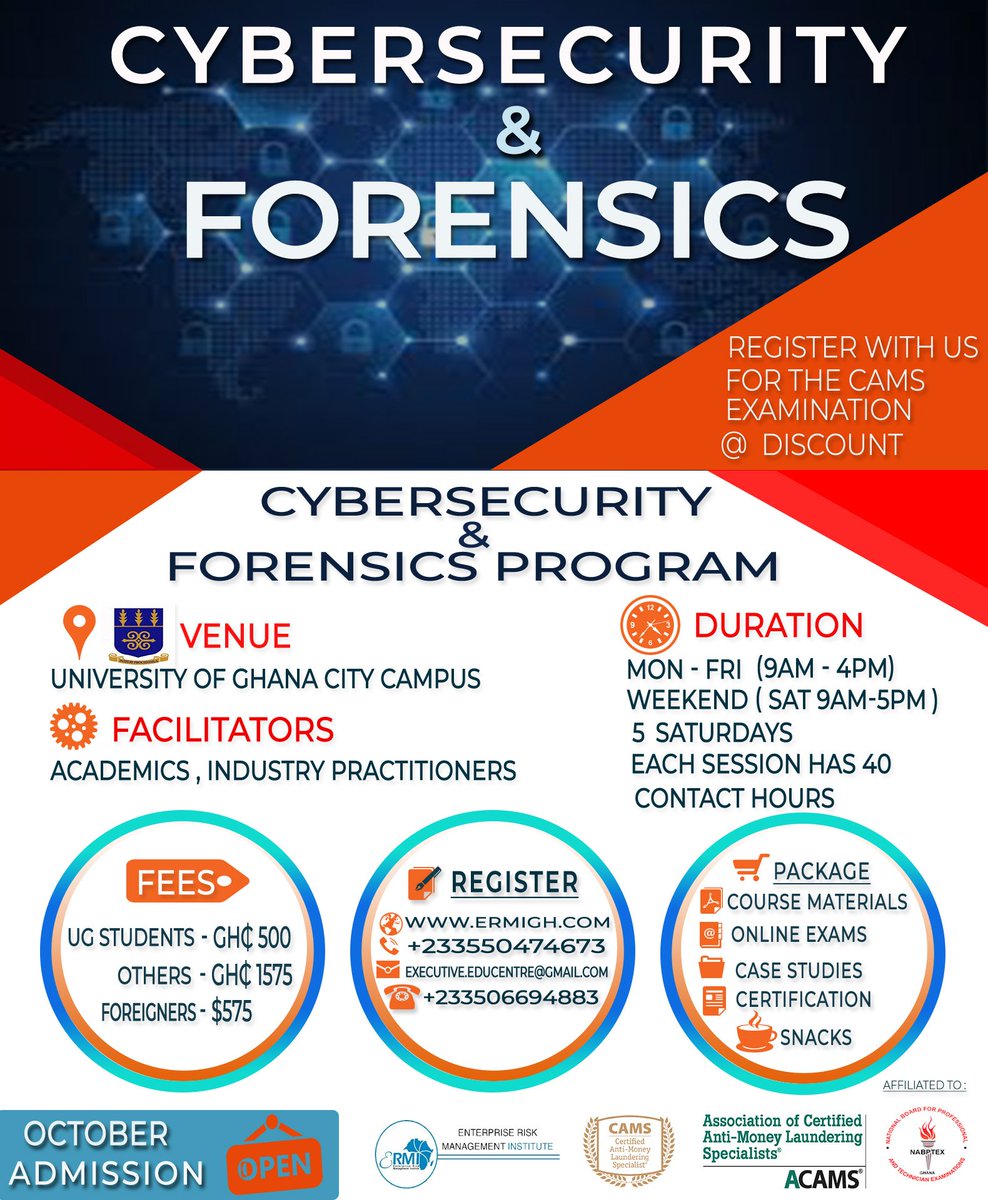ERM_Africa's tweet photo. Enterprise Risk Management Institute

October registrations in progress, click on the link below 
to register👇
https://t.co/1kSD0eJ5LG

Anti-Money Laundering &amp; Financial Crime Program
Cyber Security &amp; Forensics.
#AML https://t.co/ispWOoUQZI