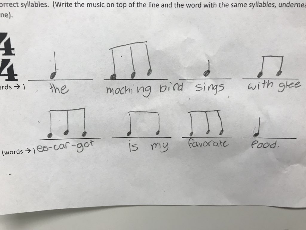 KimMarieFolsom's tweet photo. Is there a connection between music and literacy? Yes!!! This assignment was part of a lesson from about 4 weeks ago, where students composed two different sentences using a triplet rhythm. Enjoy! #MNPS #MusicMakesUs #DanMills #CMA #CMAFoundation https://t.co/5Hnpa9VAmM