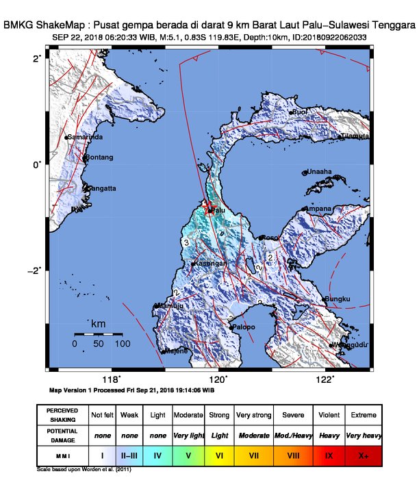 #Gempa Mag:5.1, 22-Sep-18 06:20:33 WIB, Lok:0.83 LS, 119.83 BT (Pusat gempa berada di darat 9 km Barat Laut Palu-Sulawesi Tenggara), Kedlmn:10 Km Dirasakan (MMI) III-IV Palu, I-II Poso #BMKG
