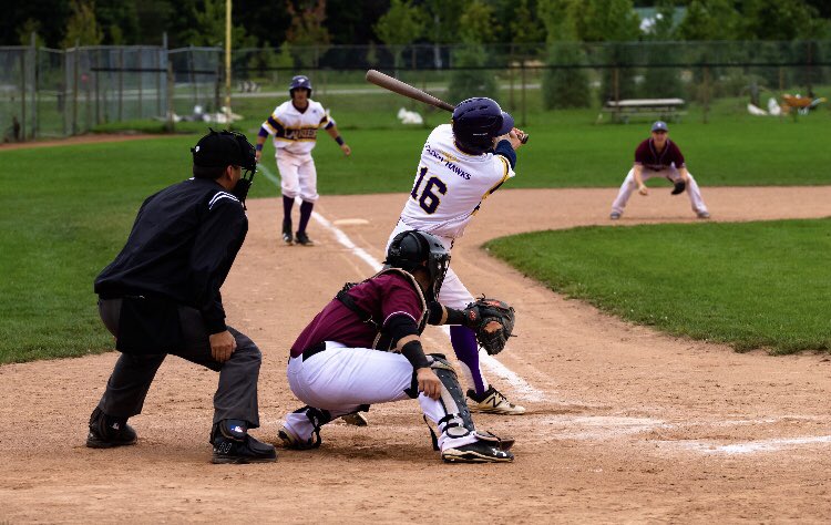 WLUAthletics's tweet photo. Introducing #PhotoFeatureFriday!📸 In Honour of the M⚾️ Battle of Waterloo TOMORROW we’re sending the team good vibes and wishing them luck👏🏻 Here’s some snap shots of the boys! Join us at the game tomorrow at Bechtal Park at 12:30. #WeAreHAWKS💜💛 https://t.co/SFO55YSgTk