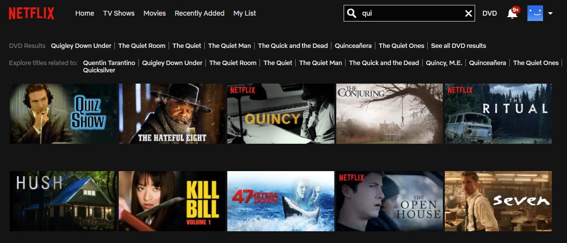 BobAKABuffy's tweet photo. Just checking your review of the #Quincy search on @netflix @juliacunningham.
Not showing as one of the top 5 recent additions and Hateful Eight even pops up before it does with a "QUI" search. @EWlive #BadAlgorithms https://t.co/KtvVAak1LC