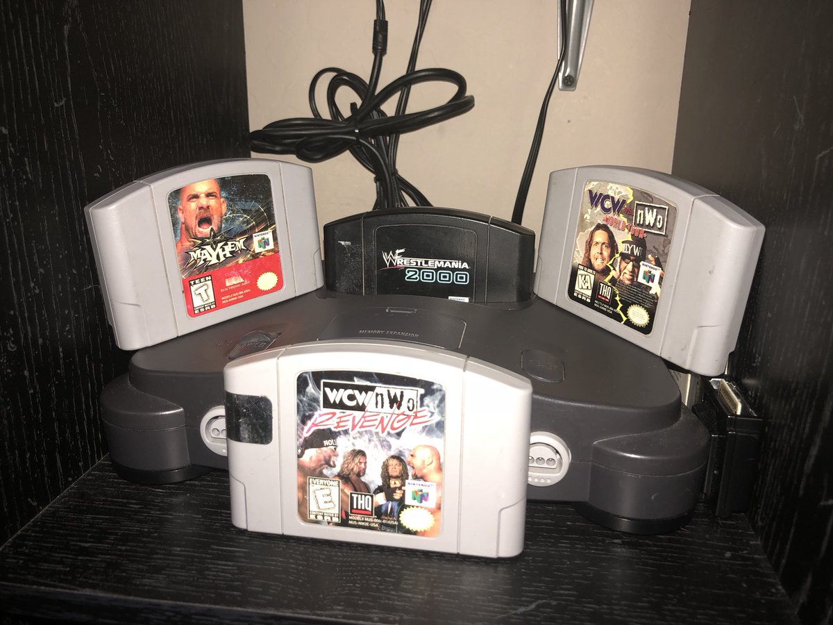 BigLipRadio's tweet photo. The #Nintendo_64 is hot right now! This is part of PaPa J’s personal collection! He’s beaten two of them on the #playststion and now he will play them again! #wcw #wwe #retrogames #nintendo_switch #prowrestling #gamecube #game_collection #video_games #snes #nes https://t.co/qorzsQCcrb