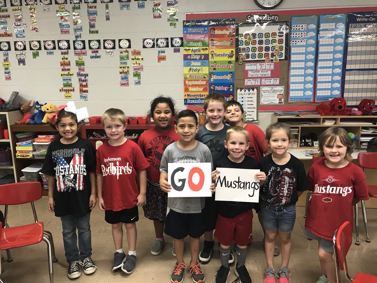 shawndbteach's tweet photo. Mrs. Bradley’s first grade class is wishing our Mustangs Good Luck tonight! #mcr1pride  @AERedbirds @MCR1Mustangs @MC__athletics @MCHSMustangsFB https://t.co/QLVIvuzuk5