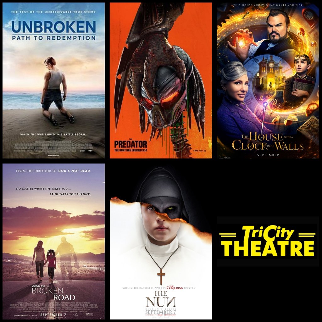 tricitytheatre's tweet photo. Visit https://t.co/CpzkPridrc for Showtimes and tickets!
#ThePredator #GBBR #HouseWithAClock #unbrokenfilm #TheNunMovie #TriCity4 https://t.co/oU6KzdPCNs
