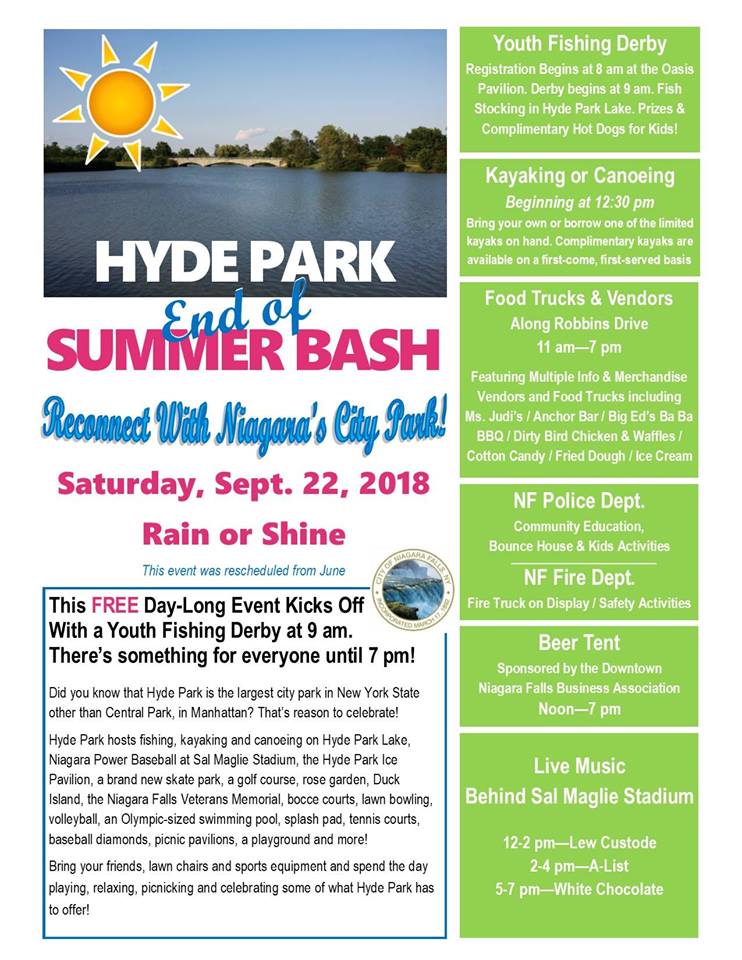 "End of Summer Bash" tomorrow(9/22) @ Hyde Park/Robbins Dr. behind <a href="/SalStadium/">Sal Maglie stadium</a>. Live Music starts at 12 Noon with <a href="/CustodeMusic/">CustodeMusic</a> &amp; Steve Parisi, 2pm A-List, 5pm White Chocolate! Food Trucks, Beer Tent, Vendors, Kayaking, Bounce House &amp; other Kid activities. Something for everyone!