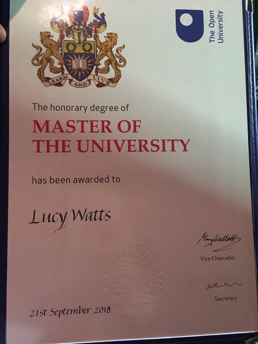 LucyAlexandria's tweet photo. This happened today! I received an Honorary Degree of Master of the University from the @OpenUniversity. Thank you so much @SteveHutchi, @JosieAFraser and @frankmonaghan. Such a magical day. Hugely honoured to receive such a distinction. 
Lucy Watts MBE MUniv https://t.co/Kn2DcRHJia