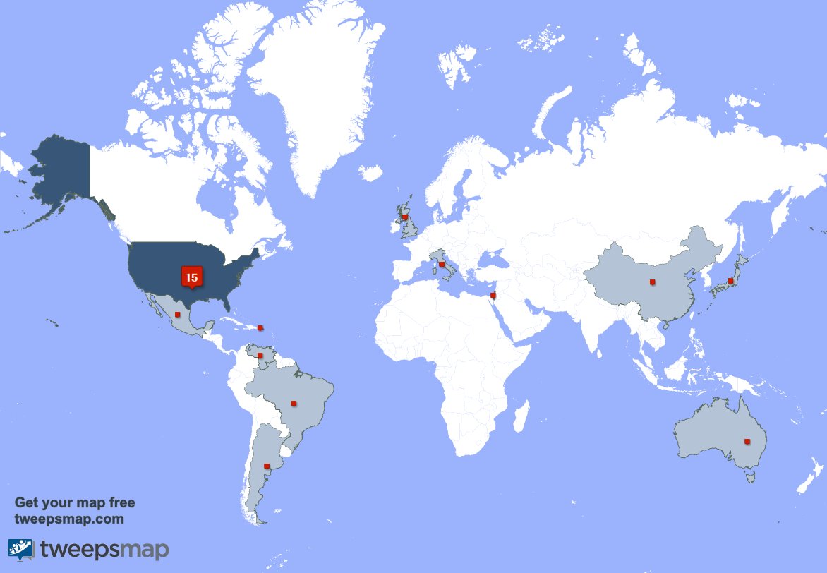 My followers live in USA (21%), Japan(7%)... Get your free map: tweepsmap.com/!W7FGS