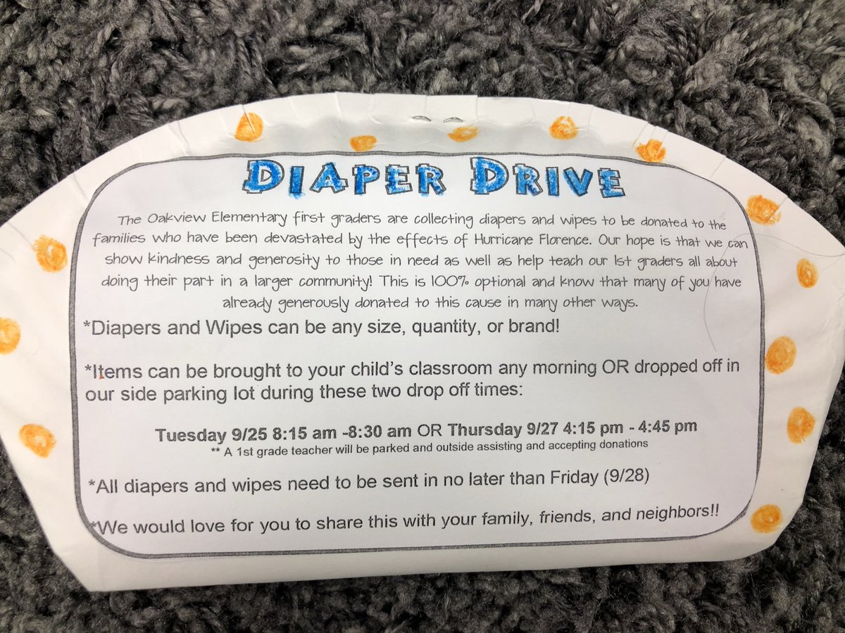 LibertoOwl's tweet photo. First Grade is collecting DIAPERS and WIPES to help those affected by Hurricane Florence! Start bringing in donations to the purple hall all next week 👊🏼 #owlsome #OakviewCares @OakviewElem @WCPSS @WCPSSTeam https://t.co/zS2cMjbseD