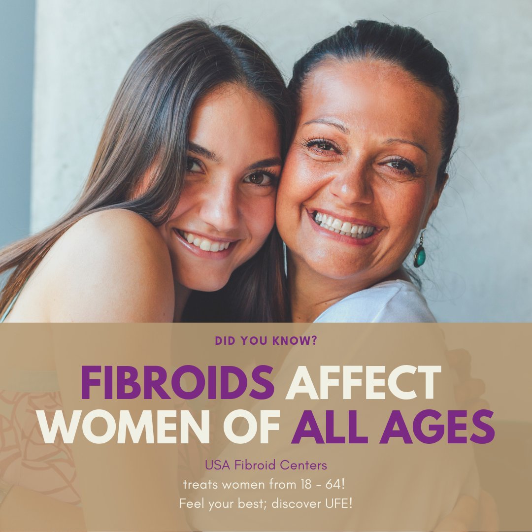 USAFibroid's tweet photo. Even though #uterinefibroids primarily affects women in their childbearing years, women of all ages can get them! Did you know we treat women 18-64? 

Discover a healthier life; discover UFE! #FridayFibroidFacts #KeepYourU #FightFibroids (855) 667-4247 https://t.co/gZ6XcyRovY
