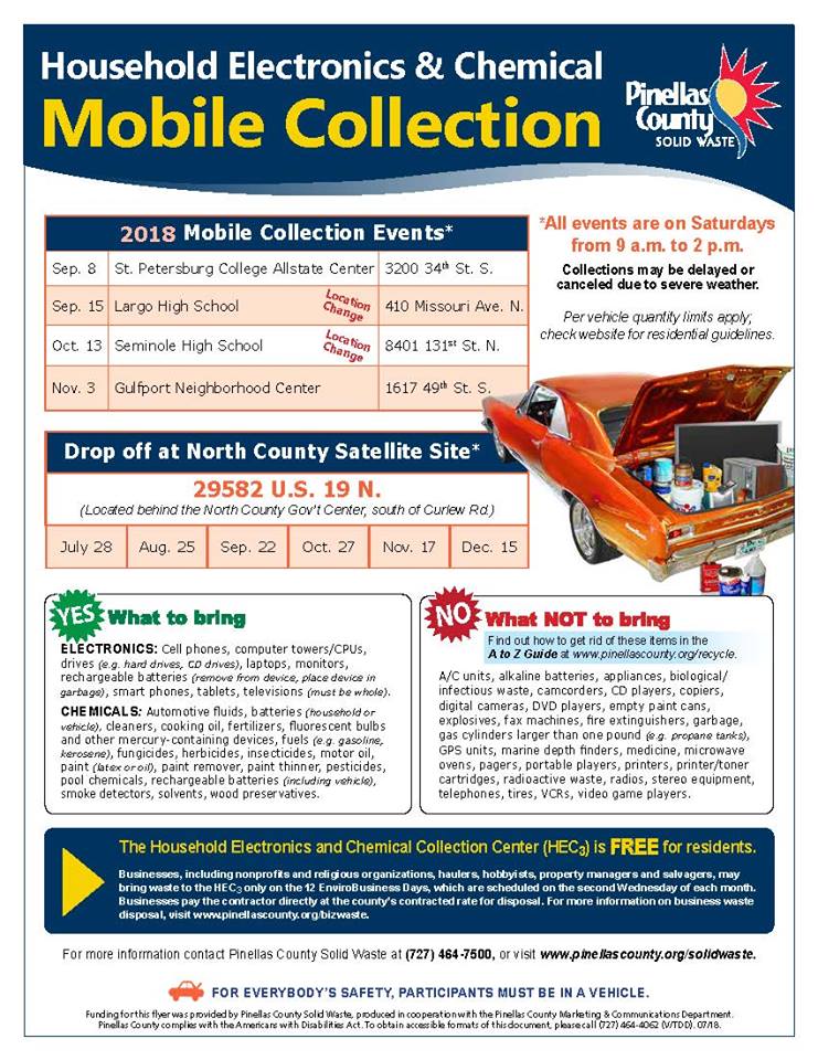 PinellasGov's tweet photo. Need to trash electronics or chemicals? Tomorrow is Mobile Collection day at the North County Satellite Site from 9am to 2pm. The address is 29582 US Hwy 19 N, Clearwater, FL 33761. #MobileCollection #Electronics #Chemicals #Household https://t.co/TguV2O2bxY