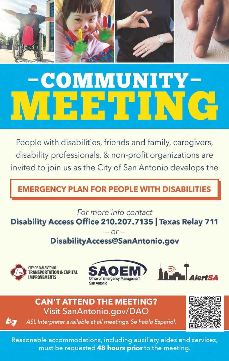 SanAntonioOEM's tweet photo. SAOEM and the Disability Access Office are hosting 8 community meetings to begin the second phase of the emergency plan for people with disabilities. Please consider joining us to help us create community lead countermeasures and solutions.  https://t.co/x4skSA9DfO https://t.co/N1DnUdb4hV