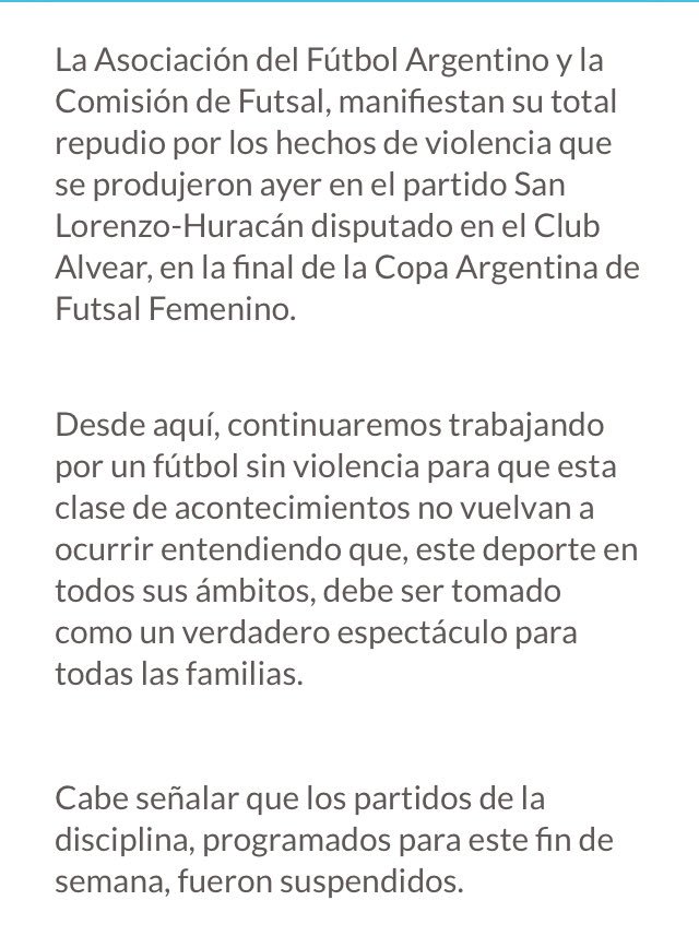 ⚠️ ULTIMO MOMENTO ⚠️ Se suspende la fecha del Futsal del fin de semana, tanto masculino como femenino, por razones de Seguridad
El comunicado de <a href="/afa/">AFA</a> donde se repudia los hechos de violencia en #SanLorenzo-#Huracán