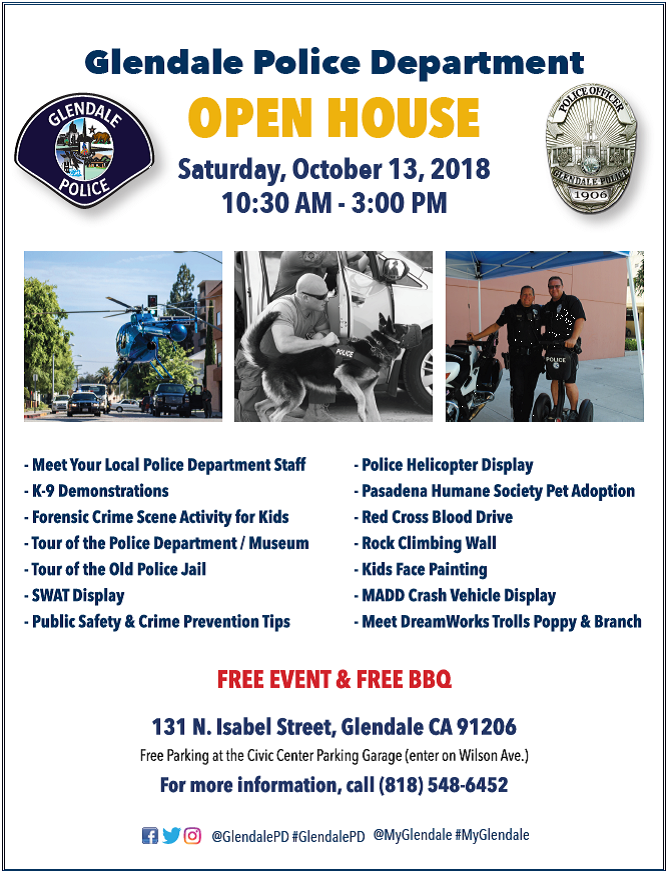 GlendalePD's tweet photo. Save the date! K'9 demonstrations, station tours, SWAT display, forensic crime scene activity for children and much, much more! #GPDOpenHouse #GlendalePD https://t.co/H35ExdqMZA