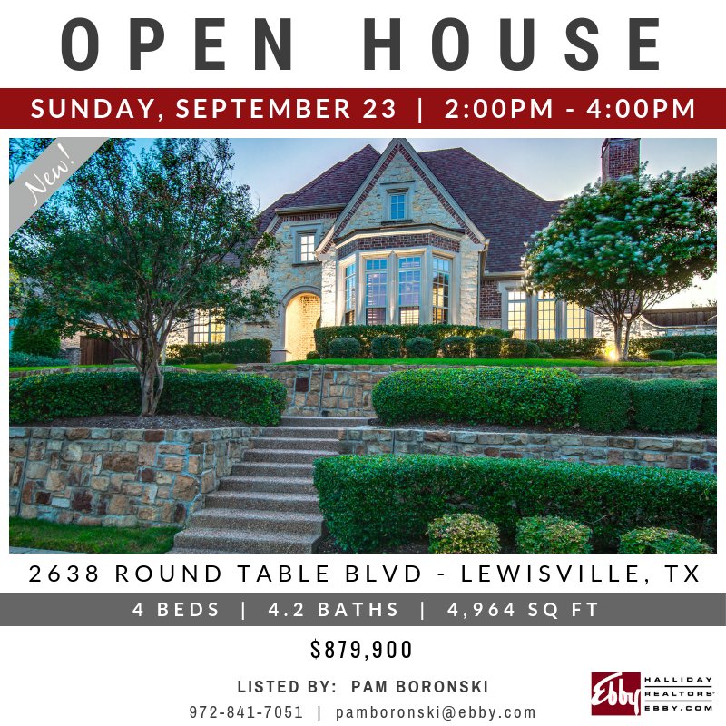 EbbyHallidayPWB's tweet photo. OPEN HOUSE at 2638 Round Table Blvd in Lewisville this Sunday 9/23 from 2-4pm! Take a tour at https://t.co/fcfg0zkqsd
#DallasHomes  #DFWRealEstate  #DallasOpenHouse  #DallasRealEstate  @EbbyHallidayPWB https://t.co/ivDEMv2Koo