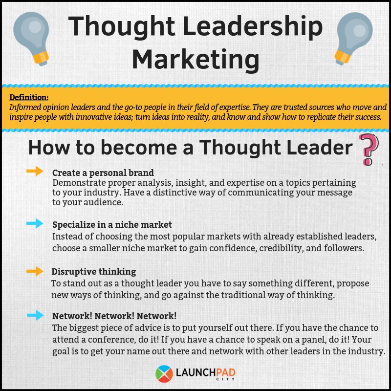 launchpadcity's tweet photo. Do you consider yourself a leader? Do you have a unique way of thinking? If so, then why not become a thought leader? We have compiled 4 ways you can start becoming a thought leader in your industry today. 
#Entrepreneurship #MarketingStrategy #ThoughtLeaders #innovation #Frisco https://t.co/flynXAMSMw