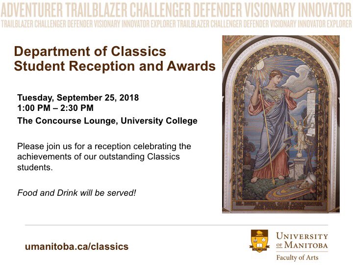 uofm_csc's tweet image. Salvete! Χαίρετε! Next Tuesday there is a Student Awards Reception for this year’s scholarship recipients. Please join us and the department in congratulating everyone! #umclassics #umanitoba #umcsc