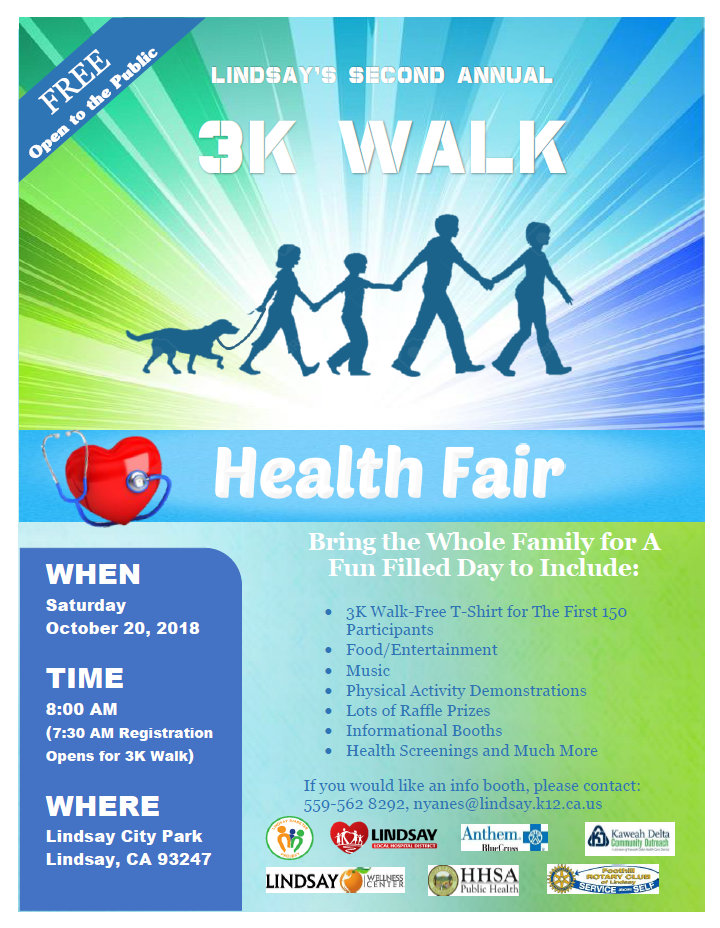 LindsayUnified's tweet photo. Come out and support Healthy Kids-Healthy Lindsay's Annual 3K Walk and Health Fair. A great opportunity to get some early exercise, learn about local health programs, enjoy food , prizes, and more! It will be a morning of FREE fun and education! #HKHL #HSFRC #LindsayPBS https://t.co/ygZOgnKfTN