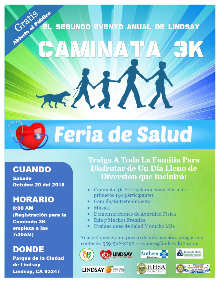 LindsayUnified's tweet photo. Come out and support Healthy Kids-Healthy Lindsay's Annual 3K Walk and Health Fair. A great opportunity to get some early exercise, learn about local health programs, enjoy food , prizes, and more! It will be a morning of FREE fun and education! #HKHL #HSFRC #LindsayPBS https://t.co/ygZOgnKfTN