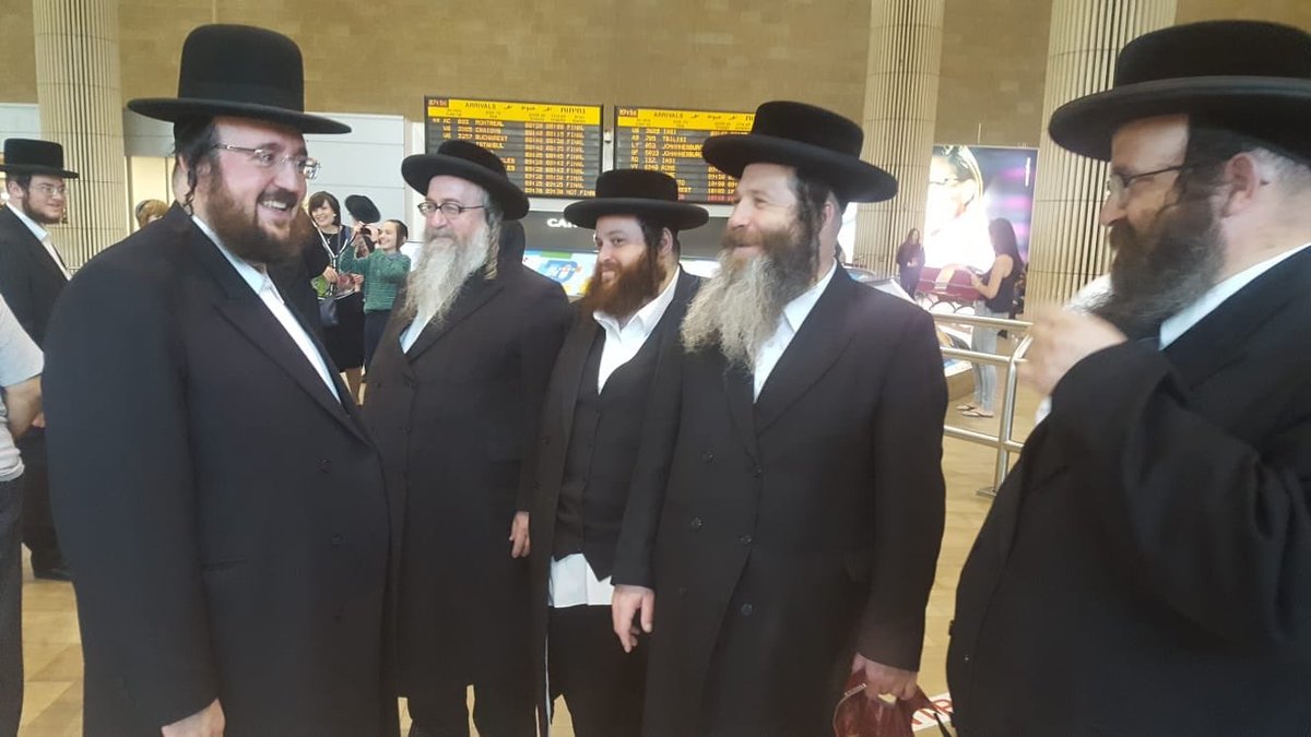 HQSatmar's tweet photo. Satmar President R’Meir Zelig Rispler  with his son R’Fishel being welcomed at the airport by Satmar leaders from #Jerusalem #BneiBrak #BethShemesh President Rispler will stay over in the #Holyland during #Sukkot https://t.co/GVbQUkccmK