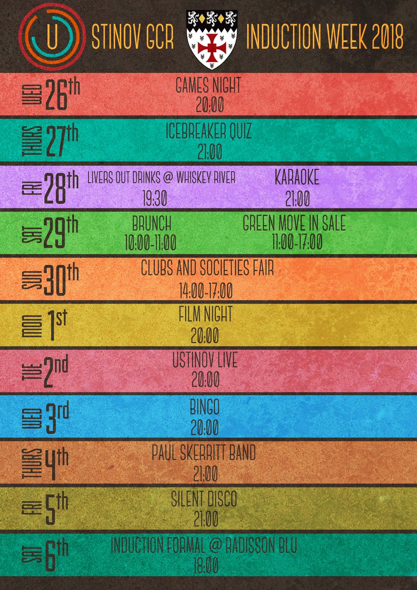 UstinovGCR's tweet photo. Wondering what awaits you at Ustinov College for induction week? Here's a planner containing all the exciting events we have for you! #inductionweek2018 #countdownbegins #UstinovCollegeInductionWeek #welcome #GreetingsFromUstinovGCR #IW2018 #partytime #excitingtimes https://t.co/QTW7Aa2gZ9