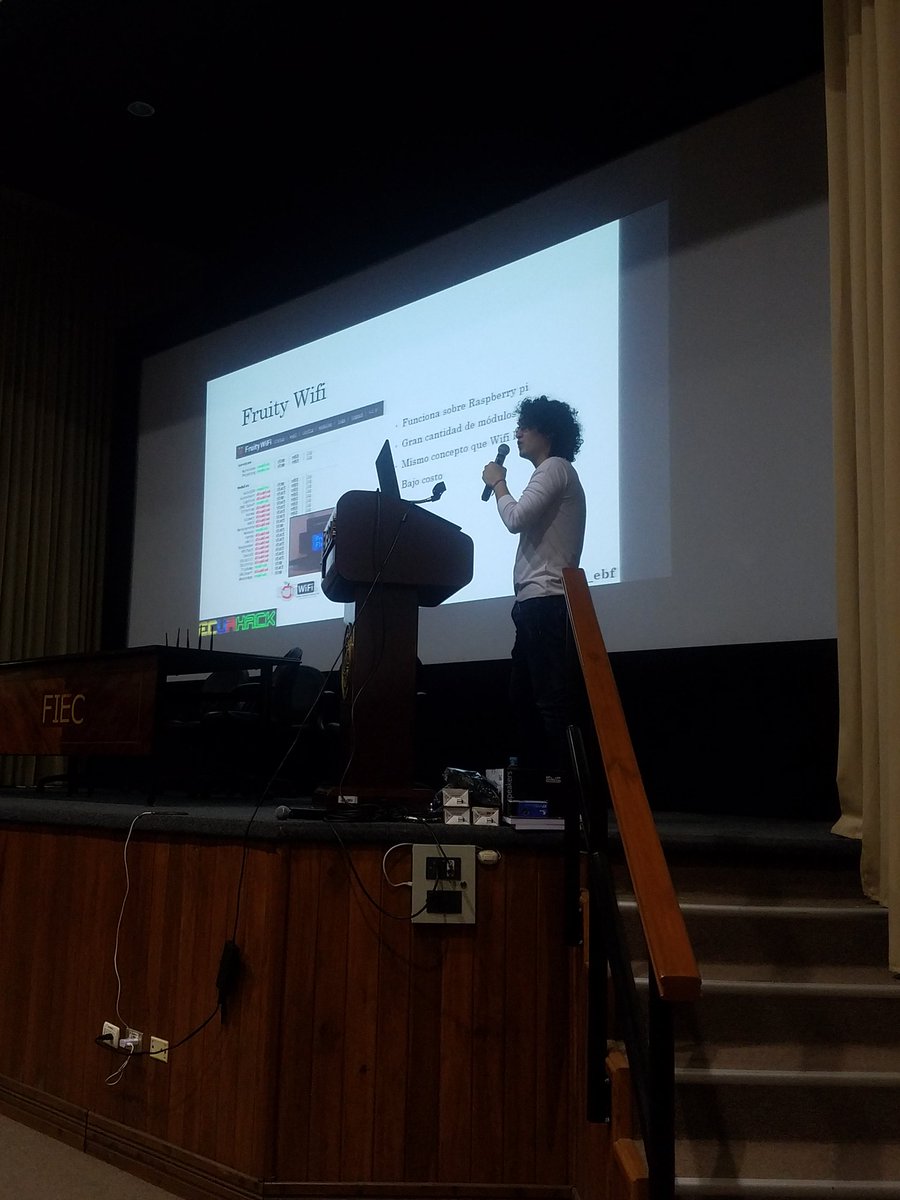 EcuaHackCon's tweet photo. @miguel_ebf Explicando acerca de Fruity Wifi (similar a la Pineapple Wifi).
#EcuaHack2018 https://t.co/bDK5rCYTQw