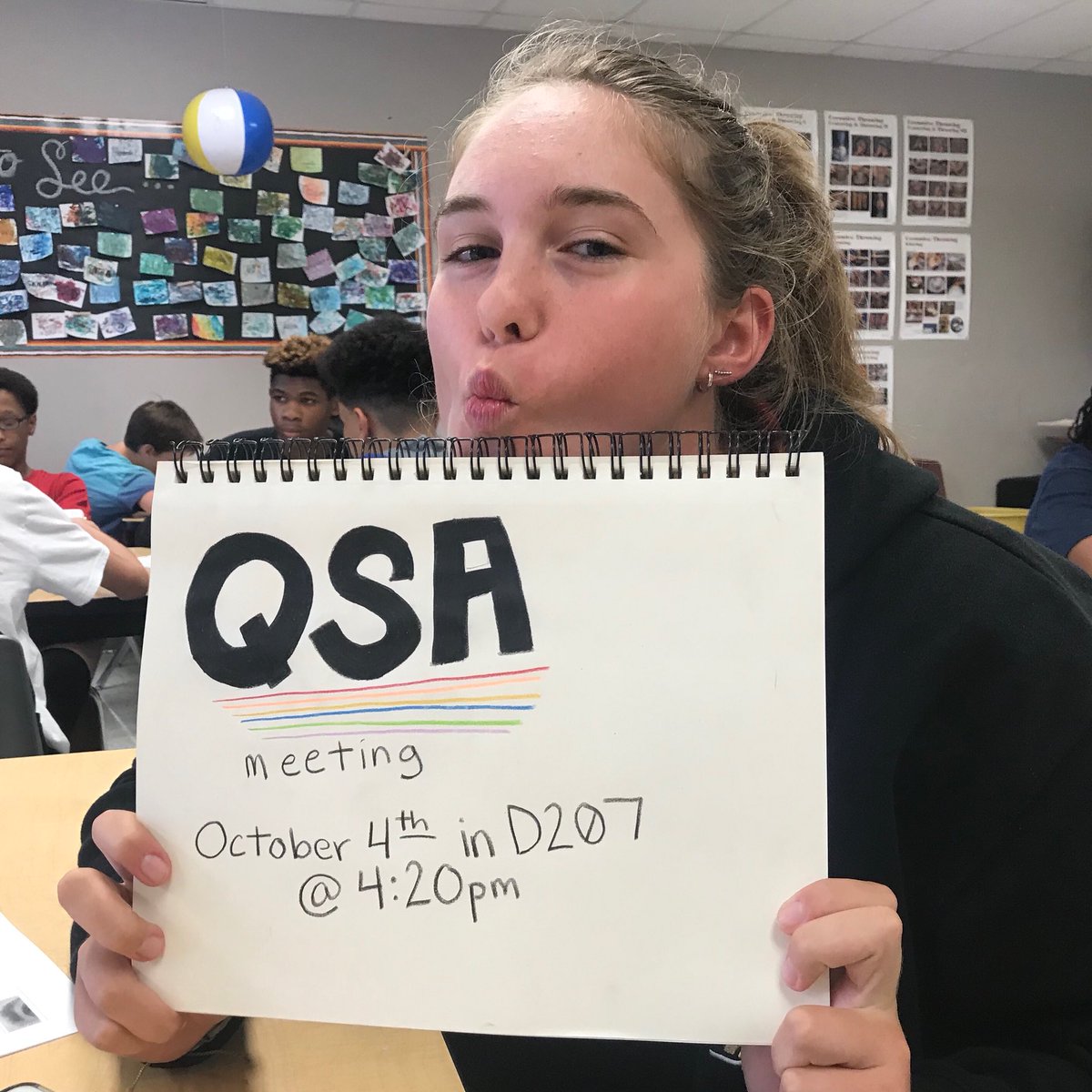 QSA Officer Lili says to come see her and the other student officers at our next meeting! Hope to see you there 🏳️‍🌈