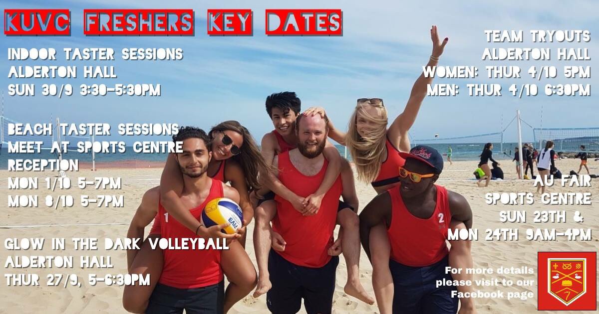 KUVC are glad to announce our Freshers Week events!
We have both court and beach taster sessions, a well as our annual Glow in the Dark Volleyball! If you want to join the club then be sure to come to trials on the 4th! No Volleyball experience is required at all 😀