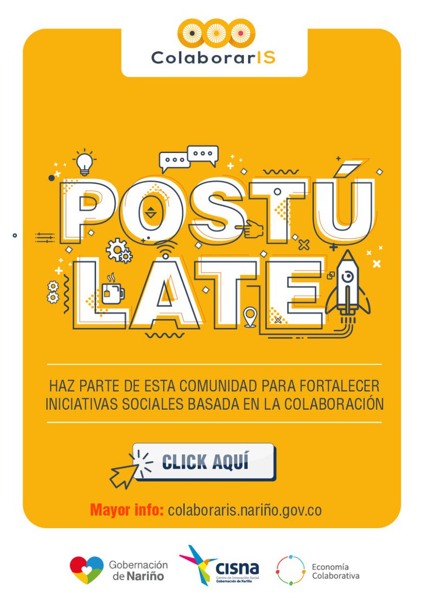 cisna_narino's tweet photo. Nos complace anunciar está nueva convocatoria!! La cual hemos venido trabajando junto a @ecolaboranarino, se trata de #colaboraris una comunidad para fortalecer iniciativas sociales basada en un modelo de #colaboracion @lacolaboradora @Udenar #senanarino @UMarianaPasto https://t.co/1oG1Ha0ryY