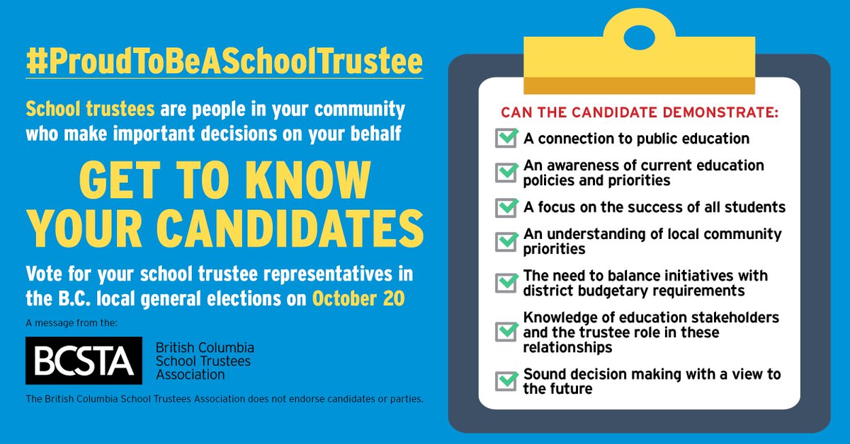 BCSTA_News's tweet photo. School trustees are people in your community who make important decisions on your behalf. Vote for your trustee representatives in the #bclocalelections on October 20. #ProudToBeASchoolTrustee #bcpoli #BCSTA https://t.co/N6mfPtCLFO https://t.co/VDl0sRQXv5