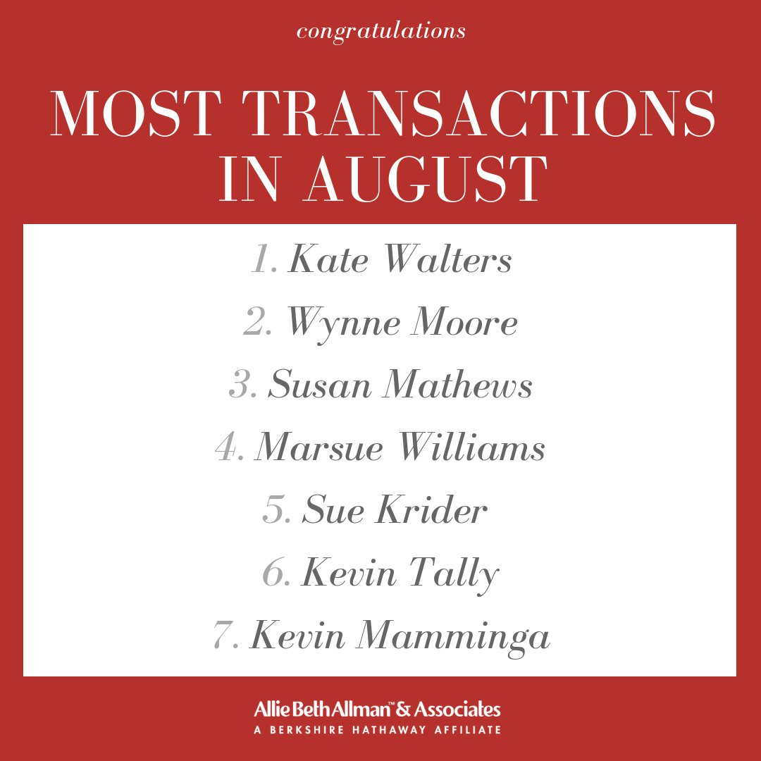 AllieBethAllman's tweet photo. These agents totaled the most transactions in August. Congratulations. #success #entrepreneurspirit #takingcareofbusiness #DallasBestAgents #WeSellDFW #LuxuryService #LivingLiving #ListingLeader #AllieBethAllmanAssociates https://t.co/QXc3TEmhq8
