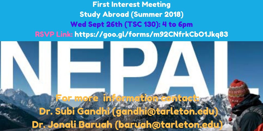 TarletonPH's tweet photo. Want to visit the land of Mount Everest? Join us for our first interest meeting on Sept 26th!! Food provided!! GREAT FOR ANY MAJOR!!! #StudyAbroadNepal #Tarleton #TarletonStudents #Tarleton2021 #Tarleton2022 #Tarleton2023 #Tarleton2024
RSVP @ https://t.co/r6H1hu8bav https://t.co/xNTj4C2fLG