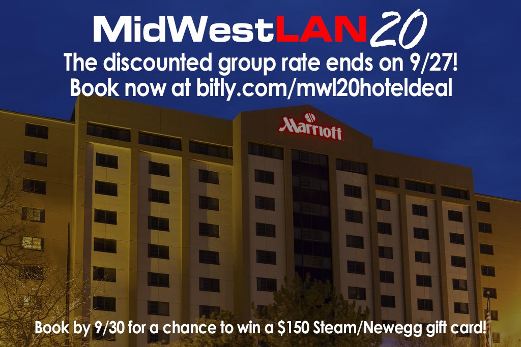 MidWestLAN's tweet photo. Only 6 days left to book at the discounted rate for MidWestLAN20!

Don't miss out on this chance to save, book your room now at https://t.co/rqgJW7qaKA!

And don't forget that you can still win a $150 Newegg or Steam gift card if you book before 9/30! https://t.co/mBWOWmgqsL