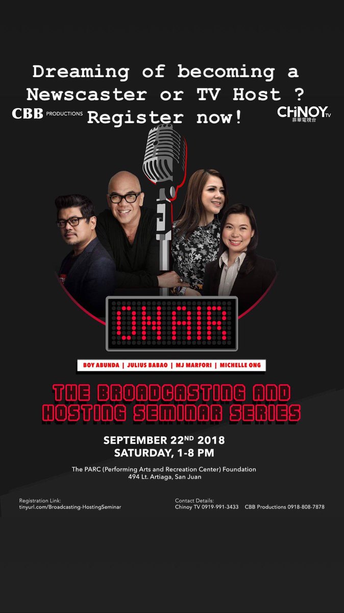 ChristineBBabao's tweet photo. Up early for my Broadcasting & Hosting workshop which i am organizing in partnership with @chinoytv
To those asking:
Walk ins are welcome. U can also txt :
0919-991-3433 To reserve your slot
Venue:
The PARC Foundation
494 Lt. Artiaga
RT Please. Thanks #HostingWorkshop https://t.co/2ZssUnYpLz