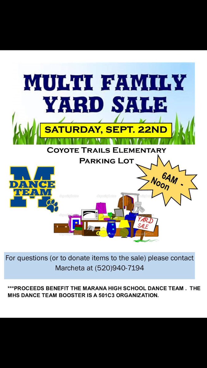 MHSDanceBooster's tweet photo. Tomorrow! #Marana &amp; #Tucson friends, come support our @MaranaDance by shopping our #YardSale! Tons of stuff &amp; a great cause!! 💙💛🐯 #TigerPride @MHS_TUNIT @MaranaFB @MaranaSchools @MaranaHS @maranachamber   #RoadToNationals https://t.co/v8LY0MWwuz