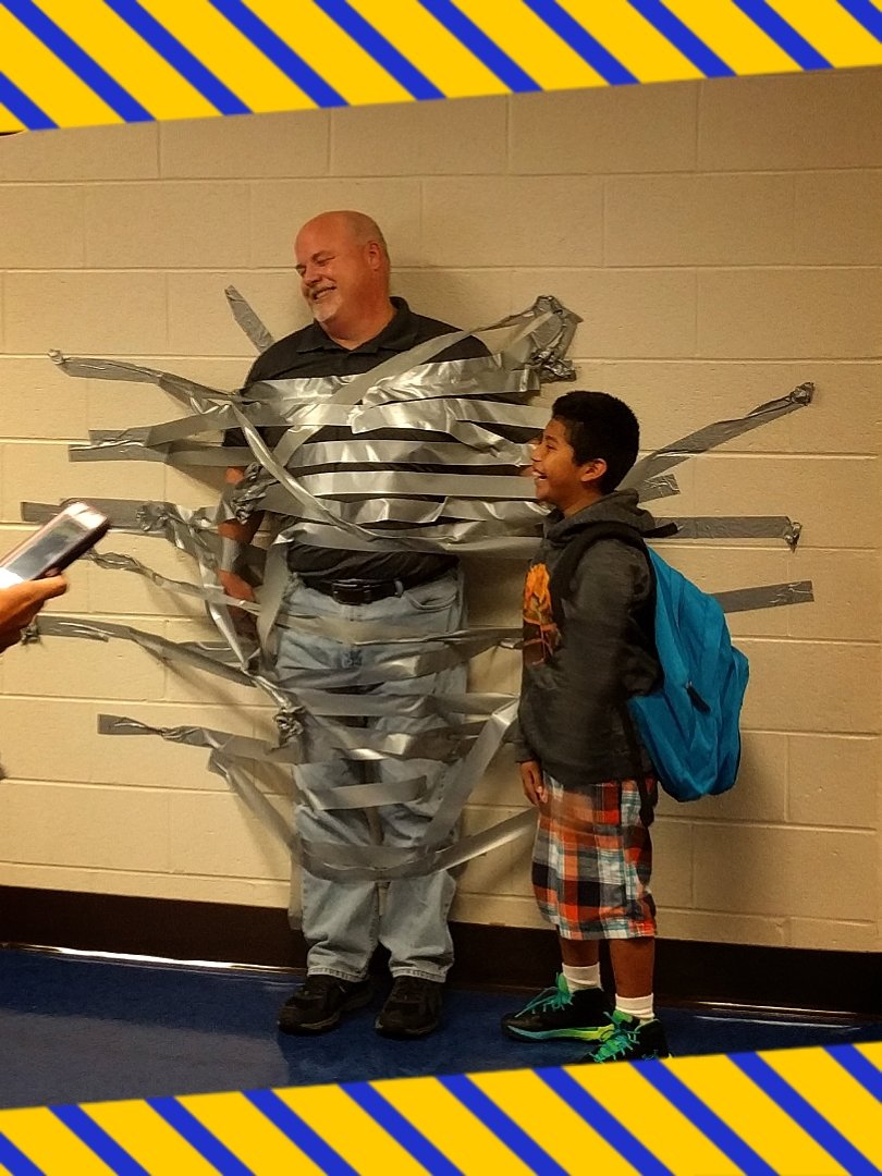 MsChristinaLi's tweet photo. One just has to lend a helping hand when the principal @mperk25 is ducked taped to the wall!!! π€£ @HendricksESPTA #HelloFallBreak https://t.co/PZePtU84wt