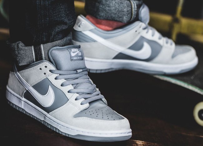 nike sb dunk low summit white wolf grey on feet