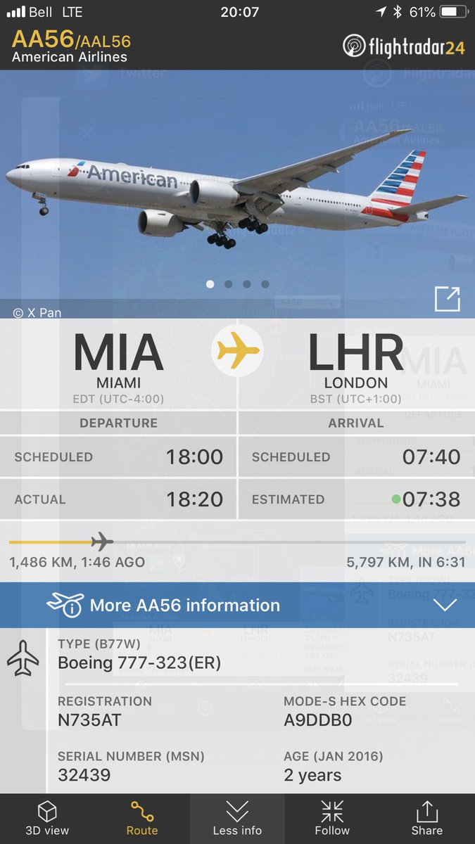 TomPodolec's tweet photo. 🔀 DIVERSION
American Airlines #AA56
Miami to London
Diverting to New York JFK
Mechanical. Planning aircraft swap.
https://t.co/RvF0GLbIPa https://t.co/F5Mk0l89YW