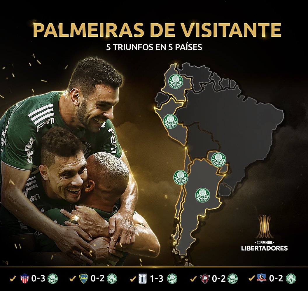 Libertadores's tweet image. 🇨🇴✅🇦🇷✅🇵🇪✅🇵🇾✅🇨🇱✅

¡@Palmeiras, un visitante que deja su marca verde en cada país en el que juega por la #CONMEBOLLibertadores!

 5⃣ jugados, 5⃣ ganados, récord histórico en la Copa para el Verdão