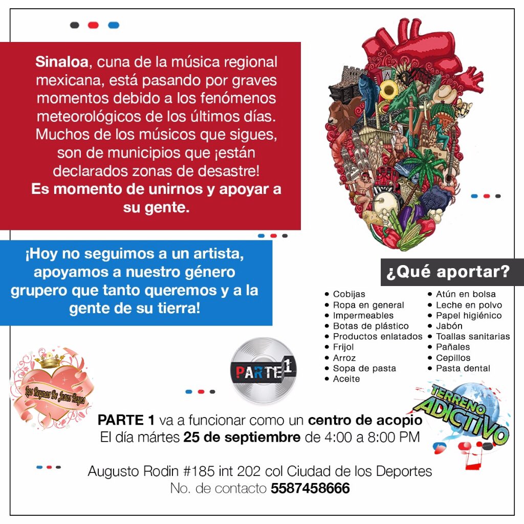 EriEli99's tweet photo. ⚠️Atención a todas las fans⚠️
Es momento de mostrar nuestro apoyo a la tierra que vio nacer a tu artista favorito.
L@s esperamos con su donación..en esta ocasión no apoyamos a un solo artista..apoyamos a un género
¿Quien se suma?
#FuerzaSinaloa #TerrenoAdictivo
#LRDJR👑 https://t.co/dPIFf7URBF