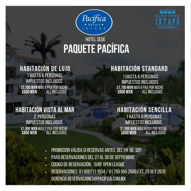 Si compites en el #GoProSurfOpenIxtapa no dejes pasar las promociones que @pacificaresortixtapa tiene para ti.
 #Zihuatanejo #Surfing #Pacifica #Resort #HotelSede