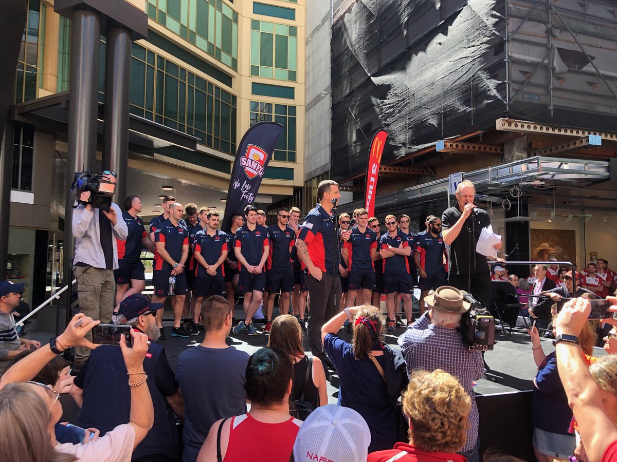 The boys being presented on stage at the Grand Final player presentation in Rundle Mall today! 🔴🔵📷 #DoYourBit