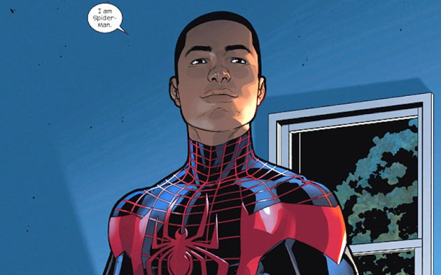 Hispanic Heritage Month Day Seven (9/21/2018). #34. CHARACTER. First appeared in Marvel Comics' Ultimate Fallout #4, Miles Morales (African-American/Puerto Rican) created by Brian Bendis & Sarah Pichelli. Miles... is SPIDERMAN.  @TheNerdsofColor  @JavGonzoTweets  @HeroesInColor00