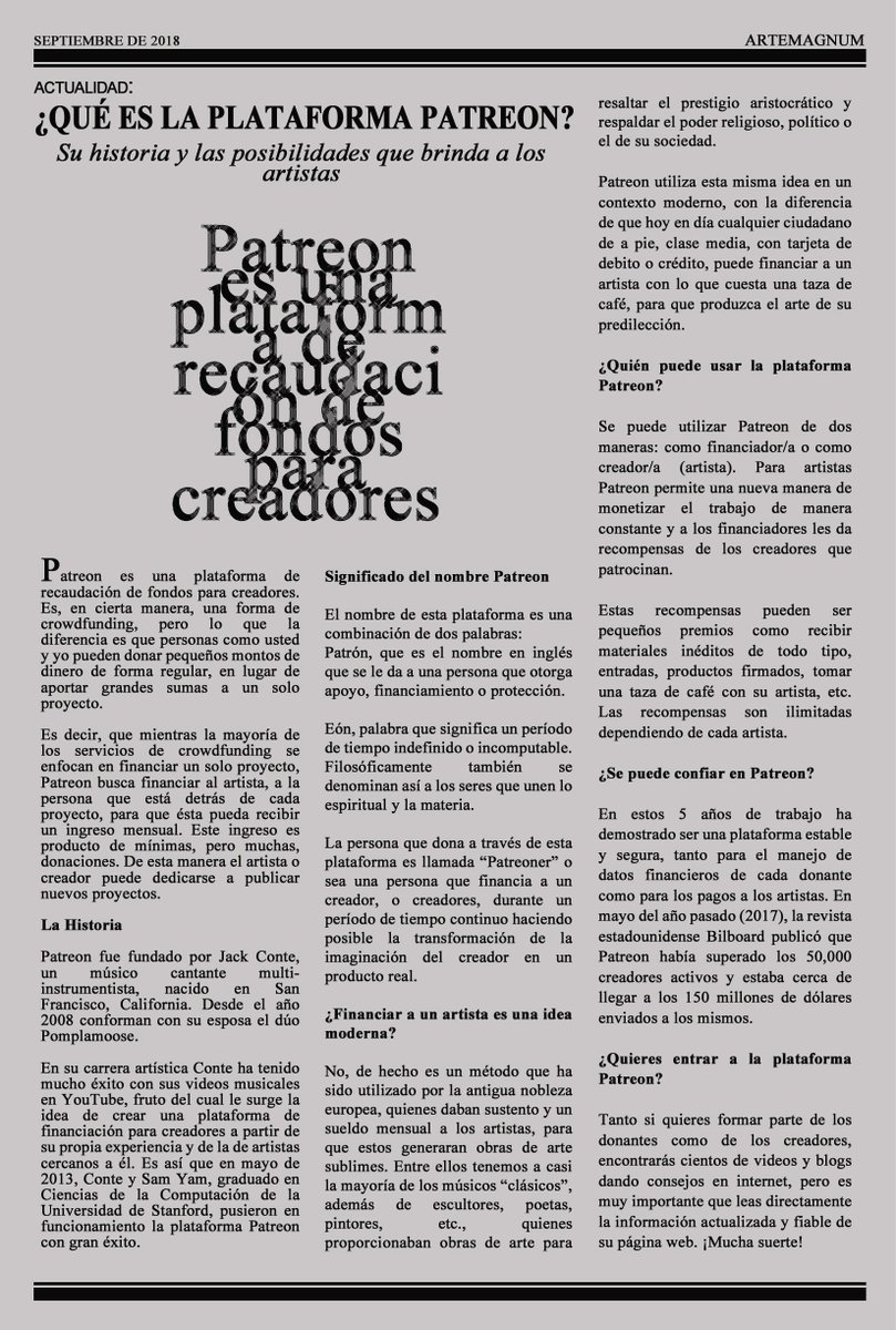 ArteMagnum's tweet photo. Actualidad: ¿QUÉ ES PATREON? Su historia y las posibilidades para los artistas.

Link de la entrevista:
https://t.co/vk8M0AQyfw

#artemagnum #magazine #arte #arteindependiente #periodismocultural #periodismoindependiente #musica #actualidad #patreon https://t.co/ZzlQPlqPsy