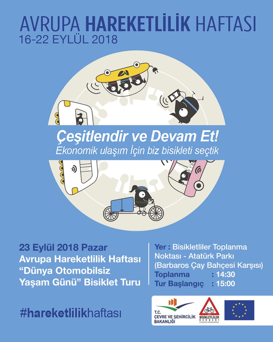 Avrupa Hareketlilik Haftası için 23 Eylül Pazar günü saat 15:00'te Antalya'da bisiklet sürüyoruz. Yer: Atatürk Parkı - Barbaros Çay Bahçesi Karşısı. #hareketlilikhaftası #bisiklet #bisikletlilerderneği #AvrupaHareketlilikHaftası #