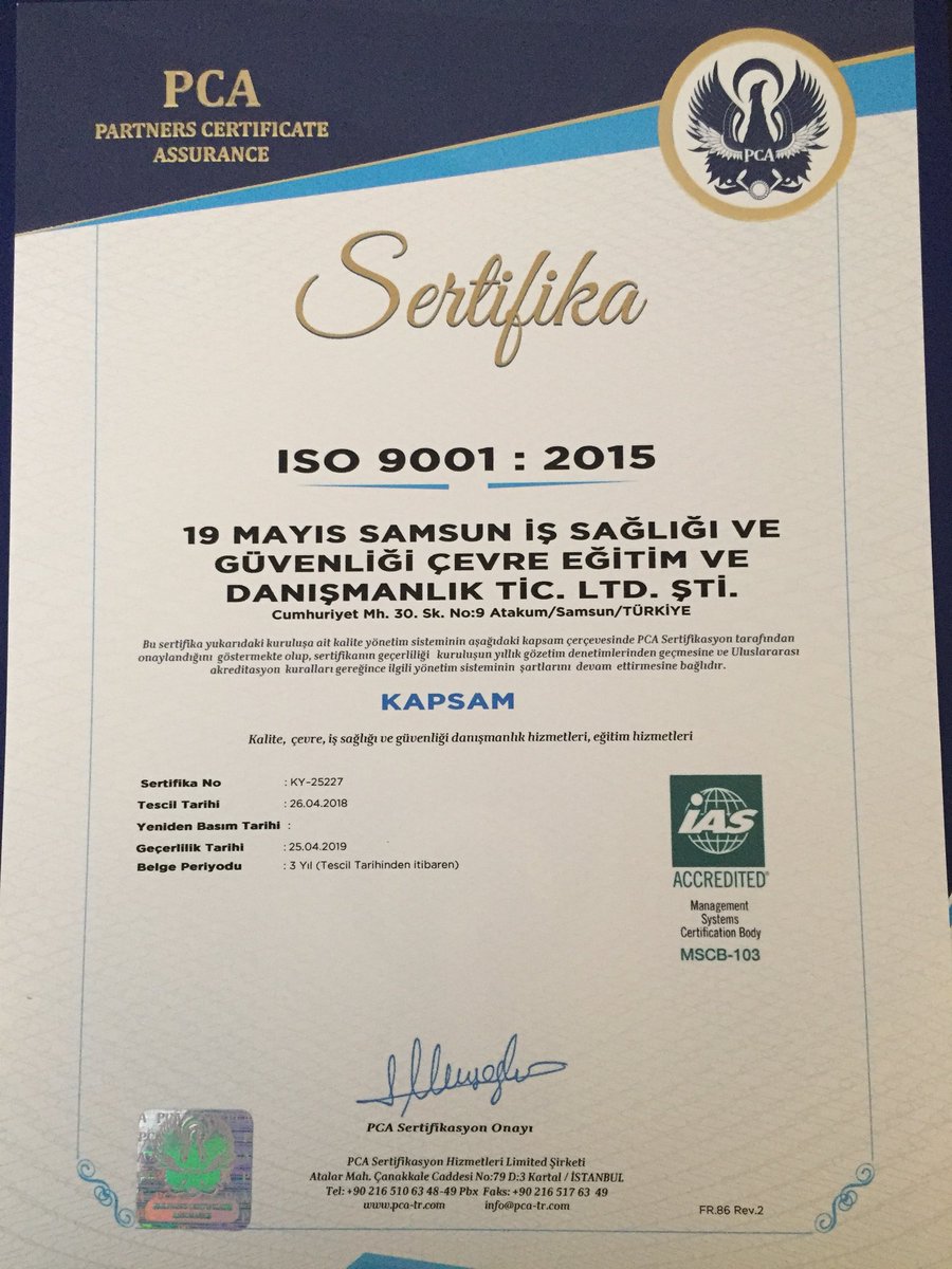 2018 - 2019 Güncel Kalite Belgemiz 
#iso9001#bizimlegüvendesiniz#işgüvenliğiertelemeyegelmez#işgüvenliğindekalite#osgb#işgüvenliğiuzmanı#işyerihekimi#diğersağlıkpersoneli#işgüvenliğieğitimi#işgüvenliğişart#isgtalimatlarınauyalım#kişiselkoruyucudonanım#inşaat#samsun#yüksektçalışma