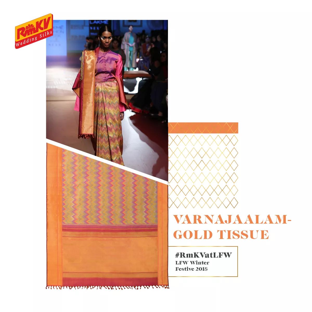 PradeepAdvika's tweet photo. This chevron-patterned “Varnajalam” handwoven silk saree has been inspired by Victor Vaserely’s optical art. Woven with more than twenty different colours, the saree has been paired with a mauve silk shirt with dramatic flared sleeves.

#RmKVatLFW #LakmeFashionWeek #RmKVSilks https://t.co/bNu1XRynra