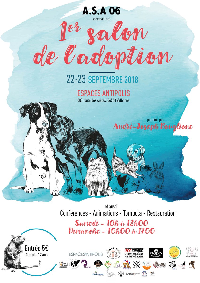 ASA06_'s tweet photo. C'est aujourd'hui que débute le premier Salon de L'adoption ! Nous vous attendons nombreux aux @EspacesAntipoli aujourd'hui et demain. #salondeladoption2018 #ASA06 avec entre autre @seashepherd @OneVoice @Ecocirque @L214 @joyfromental @i4animal @GwadZanimo https://t.co/pSdso91oyH