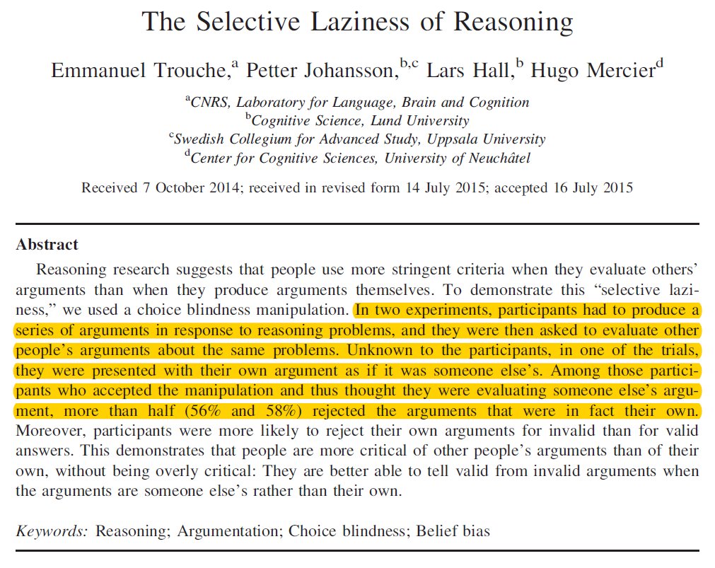 Steve Stewart-Williams (@stevestuwill) on Twitter photo People reject their own arguments if they're tricked into thinking they're someone else's blogs.discovermagazine.com/neuroskeptic/2… HT <a href="/Neuro_Skeptic/">Neuroskeptic 🇺🇦</a>
Original Article: pdfs.semanticscholar.org/8ec3/9def48377… People reject their own arguments if they're tricked into thinking they're someone else's blogs.discovermagazine.com/neuroskeptic/2… HT <a href="/Neuro_Skeptic/">Neuroskeptic 🇺🇦</a>
Original Article: pdfs.semanticscholar.org/8ec3/9def48377…