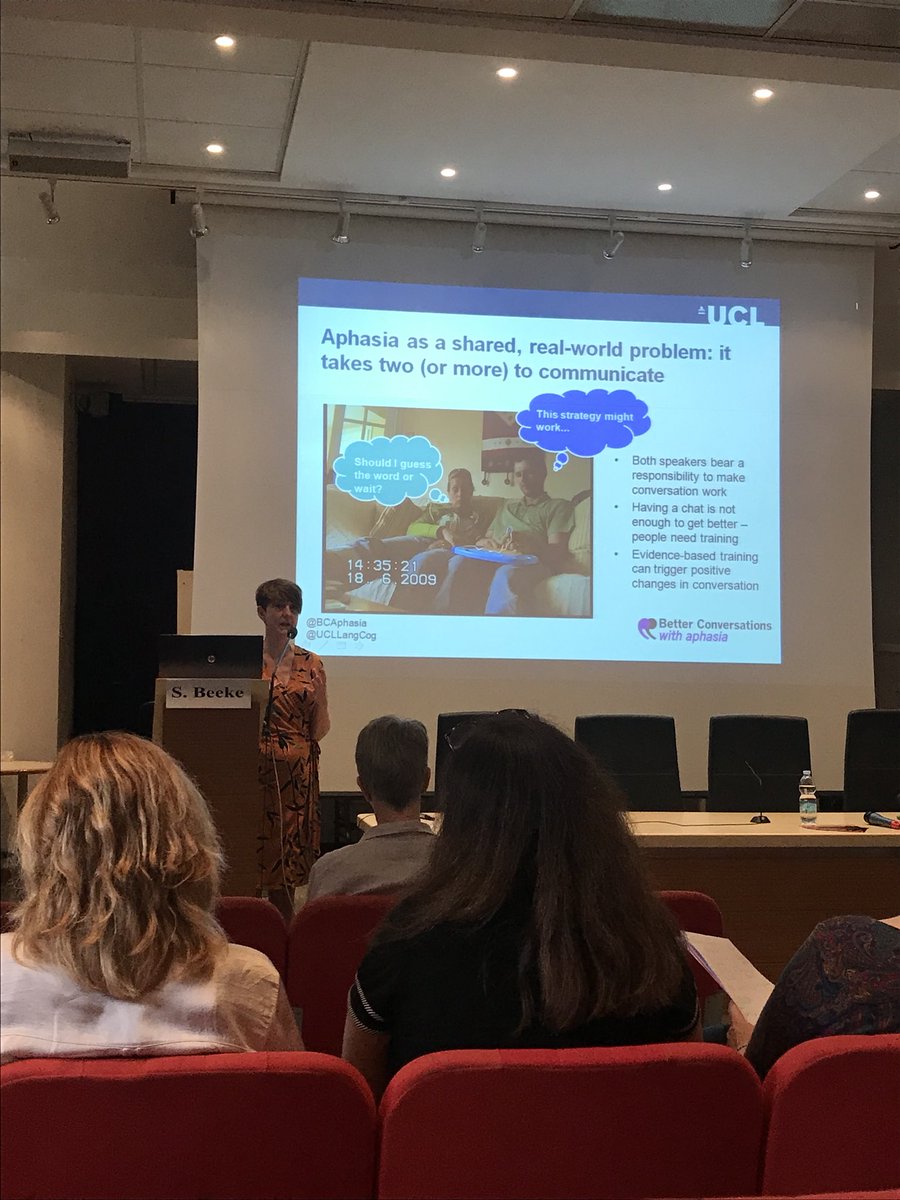 emmacpilk's tweet photo. Now time for the #BetterConversations workshop from the fabulous Suzanne Beeke  @BCAphasia at #ScienceofAphasia #ScienceofAphasia2018 - first point - having a chat is not enough to help people with aphasia improve their conversation skills! People need training. https://t.co/T1SJ2jib2n